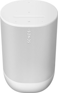 Balta bezvadu skaļruņa Sonos Move 2 cilindriska forma, perforēts režģis un skārienvadība augšpusē, skats no priekšpuses
