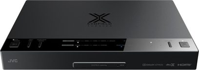 JVC Exofield Theater Blu-ray-afspiller, model XP-EXT1, set forfra, sort farve, med flere porte og knapper