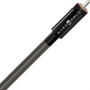 Kabel til subwoofer Wireworld Equinox 10 Mono 4m, sort cylindrisk stik med hvid inskription, mørkegrå kappe