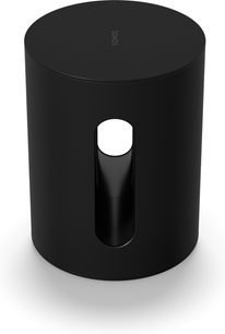 Fekete hengeres Sonos Sub szubwoofer, előlről látható, középen ovális nyílással, amely felfedi a belsejét