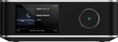 Omrežni avdio predvajalnik WiiM Ultra srebrne barve z zaslonom, ki prikazuje "Sleep Music", in okroglim gumbom s simbolom za predvajanje, osvetljenim z modro barvo.