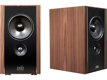 Пара колонок PSB Synchrony B600 з шліфованого горіха, чорний фасад, вуфер і твітер, вигляд спереду та три чверті