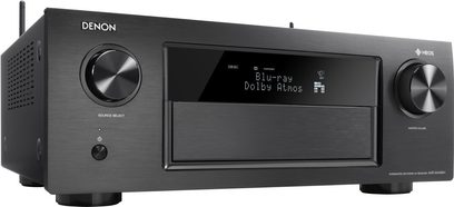 Denon AVR-X4400H sort hjemmebiografsforstærker, frontpanel, frontvisning, blå skærm "Blu-ray Dolby Atmos", to drejeknappper