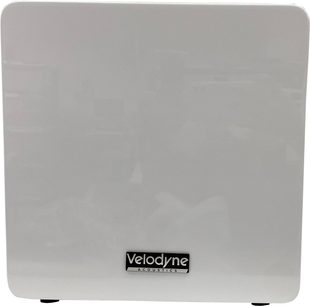 Velodyne MiniVee X witte subwoofer, vooraanzicht met vierkante voorkant met afgeronde hoeken