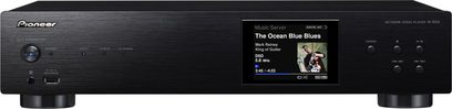 Pioneer N-50A-K sort netværksaudioafspiller, set forfra, LCD-display, kontrolknap, USB-porte og hovedtelefonstik på forsiden