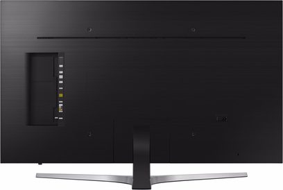 Samsung UE40MU6405 TV set set forfra, skærm slukket, smal sort ramme, centralt V-formet metalfod