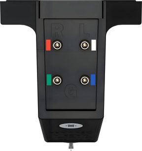Ortofon MC X30 fekete műanyag és fém hi-fi cella, hátulról látható négy aranyozott csatlakozó piros-fehér-zöld-kék jelölésekkel és egy alul kilógó ezüstszínű tűvel