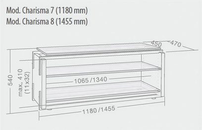 Lyst træmøbel til TV med 2 låger, 1 åben hylde, dimensioner 1180/1455 x 470 x 410/640 mm som vist på målskitsen