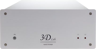 Alimentatore HI-FI 3D Lab Nano Power 1 argento, case metallico rettangolare grigio, pannello frontale con iscrizioni, interruttore, LED