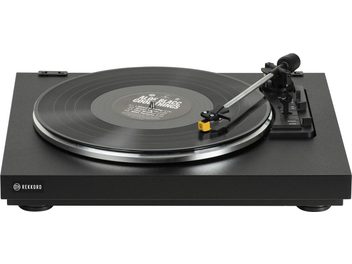 Giradischi Rekkord F110 nero, vista dall'alto, piatto giradischi con etichetta centrale, braccio di lettura con testina AT91