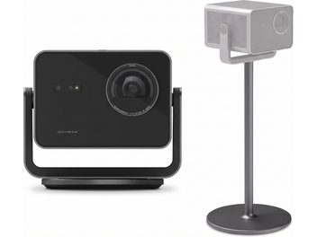 Projektor wideo Leica Cine Play czarno-szary, widok z przodu i z profilu na stojaku