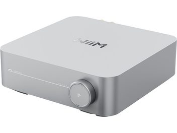 Amplificatore hi-fi integrato stereo WiiM AMP silver con chassis rettangolare dagli angoli arrotondati, pulsante circolare sul frontale