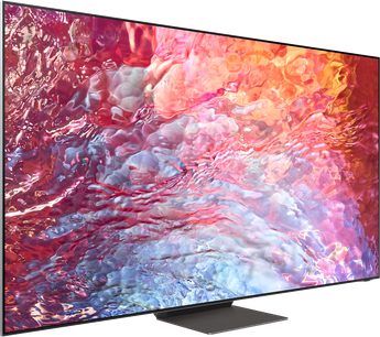 Samsung 65QN700B 2022 fladskærms-TV med rektangulært format, der viser et abstrakt, farverigt billede i rød, pink og orange