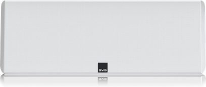 Centrální reproduktor SVS Ultra Evolution Center v bílém laku, pohled zepředu, černá mřížka uprostřed, logo SVS dole