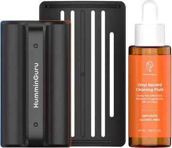 HumminGuru I-BRUSH black vinyl cleaning kit with double-roller brush, openwork stand and orange bottle