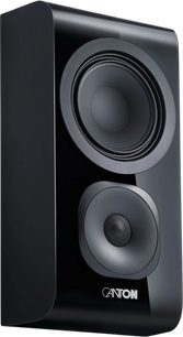 Diffusore da parete Canton Vento 11 nero visto frontalmente, pannello frontale lucido con woofer e tweeter a vista