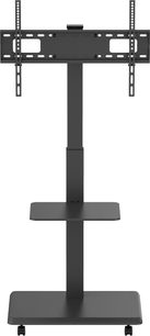Norstone Pro Vision Plus black metal mobile TV stand, front view, rectangular column with VESA plate and two perforated rails, rectangular intermediate shelf, rectangular wheeled base