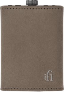 iFi Audio Hip Dac 3 Hülle aus grauem Wildleder-Look, Vorderansicht, Nähte, schwarzer Drehknopf oben, gesticktes Logo