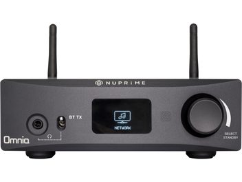Ampli hi-fi stereo Nuprime Omnia WR-2 černý, přední panel s displejem, tlačítky, konektory pro sluchátka a síť, pohled zepředu