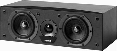 Jamo C60 CEN black center speaker, front view, 3 circular speakers in a rectangular matte black enclosure