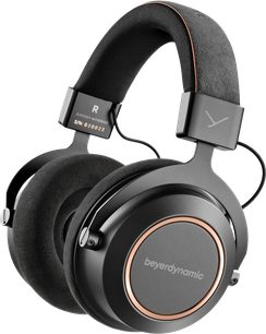Ασύρματα ακουστικά Beyerdynamic Amiron wireless μαύρο και χάλκινο, πλευρική όψη, επενδυμένο στήριγμα κεφαλής, κυκλικά μαξιλαράκια, ορατό λογότυπο