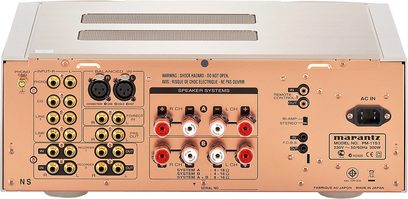 Hi-fi stereo zesilovač Marantz PM-11S3 černý, pohled zepředu, detailní záběr na konektory a ovládací prvky