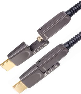 Două cabluri HDMI Inakustik HDMI-Micro 2.0 din fibră optică de 10m gri închis cu conectori auriți, văzute de sus