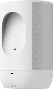 Pārnēsājams baltas krāsas Sonos Move 2 Bluetooth skaļrunis, aizmugures skats ar iebūvētu rokturi un perforētu režģi
