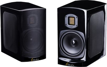 GoldenEar BRX sorte bogreolhøjttalere, set forfra og 3/4 bagfra, med synlig højttaler på forsiden