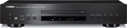 Yamaha CD-S300 sort CD-afspiller, set forfra, sort front med blå display, knapper og stik på forsiden