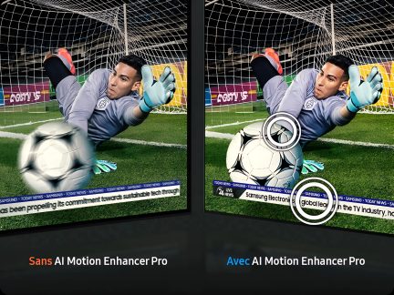 Comparativa Samsung TV AI Motion Enhancer Pro con portero y balón nítido frente a borroso en pantalla dividida