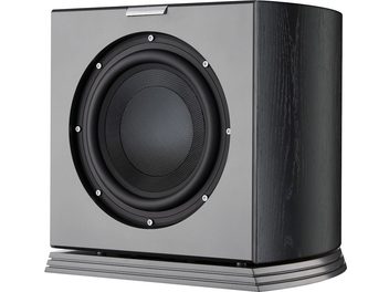 AudioVector RSUB Arreté sort subwoofer, kabinet i træ med synlig åretegning og mat front, stor synlig cirkulær højttaler med seks skruer og profileret sokkel, vist i trekvart forfra