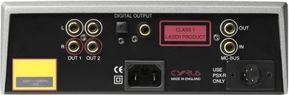 Cyrus CD8 SE sort, bagside, nærbillede, digitale og analoge lydstik, laserklassevælger