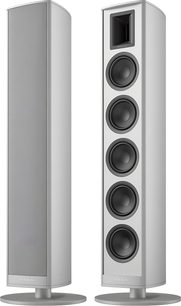 Diffusori da pavimento Piega Premium 801 Gen2 argento, design sottile con base rotonda, frontale con 4 altoparlanti neri