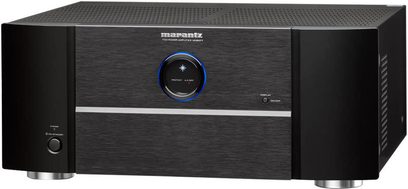 Amplificator de putere Marantz MM8077 negru, vedere frontală, față neagră mată cu buton albastru luminos în centru