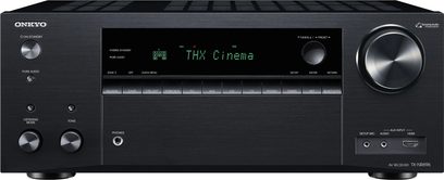 Onkyo TX-NR696 sort home cinema-forstærker, sort front med mange knapper, display, stik, aluminiumshåndtag