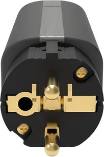 Síťový kondicionér Silent Power by ifi Audio AC iPurifier 2, černý a šedý, pohled ze strany zástrčky s pozlacenými kolíky