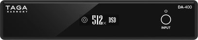 Convertitore audio DAC Taga Harmony DA-400 nero, pannello frontale in alluminio, display blu, manopola rotante, presa jack