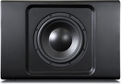 Υπογούφερ BlueSound PULSE SUB+ σε ματ μαύρο χρώμα, μπροστινή όψη, κυκλικό κεντρικό ηχείο σε τετράγωνο μαύρο περίβλημα