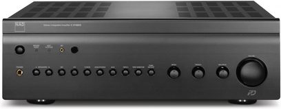 Wzmacniacz hi-fi stereo NAD C375BEE w kolorze grafitowym, widok z przodu, czarna obudowa z przyciskami i gniazdami z przodu, centralny wyświetlacz LED