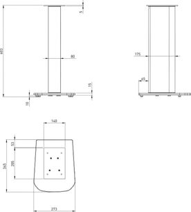 Teknisk diagram med dimensioner af en Focal Aria S 900 højttalerfod, set forfra, fra siden og nedefra