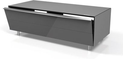 Lavt, gråt, blankt antracitfarvet TV-møbel fra Spectral Scala SC1100, 2 skuffer, 1 åben niche, metalben