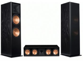 Комплект чорних акустичних систем для домашнього кінотеатру Klipsch з текстурою дерева, мідними динаміками та центральною колонкою