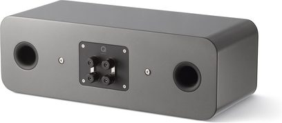 Q Acoustics Concept 90 centralhøjttaler i grå lak, set forfra, med afrundet rektangulær form, 2 sorte runde højttalere