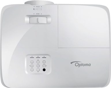 Optoma HD29He hvid videoprojektor, set forfra, med linse, kontrolknapper og tilslutningsmuligheder på bagsiden