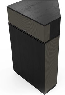 Klipsch Khorn AK7 Black Ash gulvhøjttaler med sort finish set fra vinkel med teksturerede paneler og stribet frontgitter