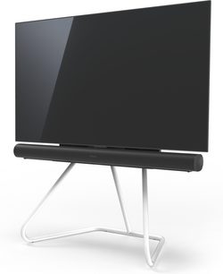 Spectral tube UX sort TV-møbel, fladskærm, hvid V-formet metalramme, sort rektangulær base, 3/4 frontvisning