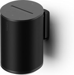 Svart cylindrisk Sonos Era 100 ansluten högtalare sedd ovanifrån, pekskärmskontroller på ovansidan