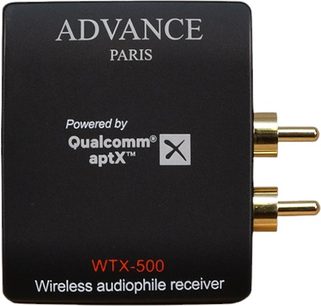 Trådløs sender Advance Paris WTX-500 sort front med forgyldte RCA-stik og hvide og røde inskriptioner