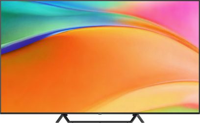 Panasonic TV-75W95BEG sort fjernsyn, slank metalramme med mat finish, stort fladt skærm på centralt fodstativ med skråben, set forfra